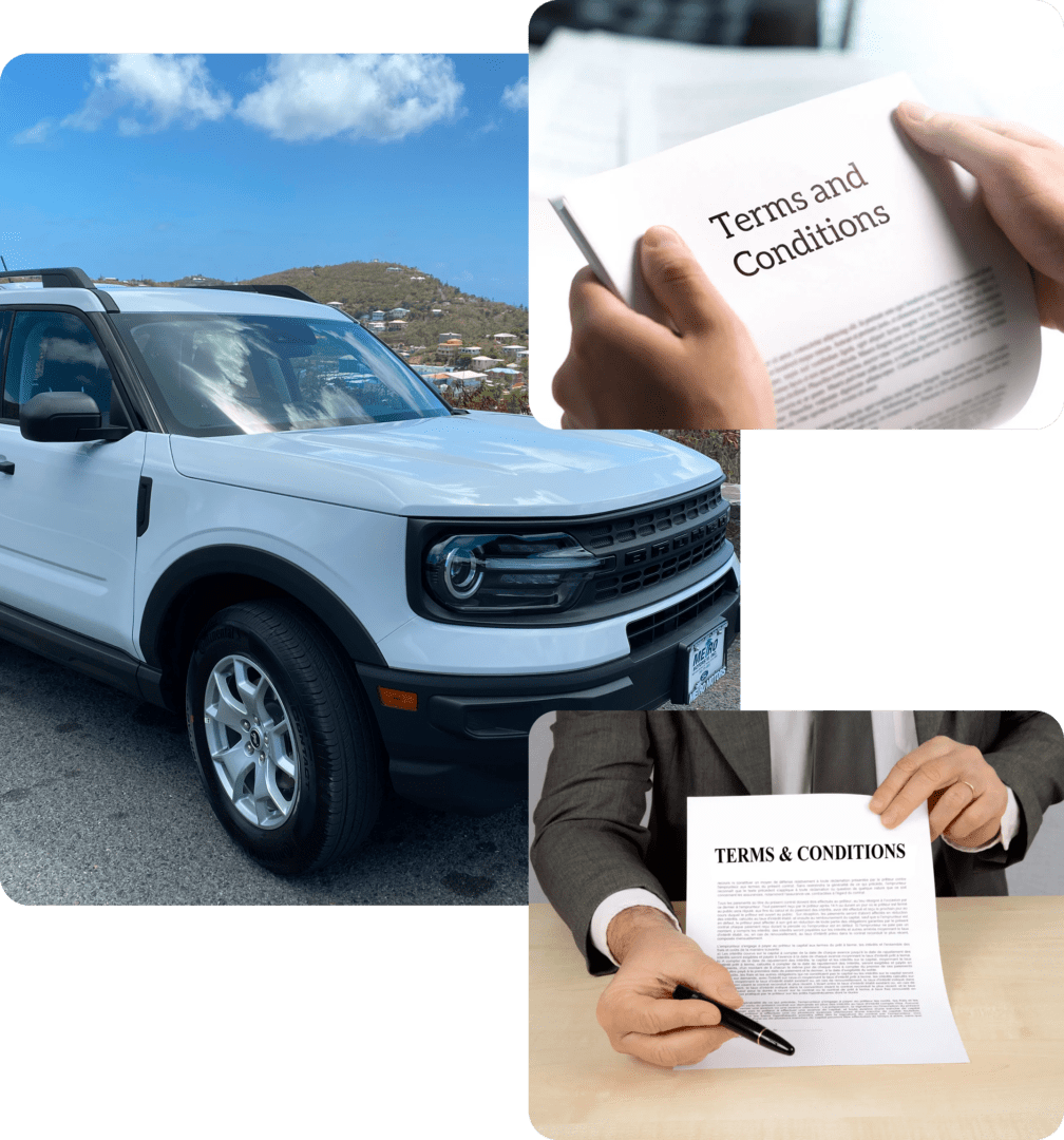 White SUV with terms and conditions documents
