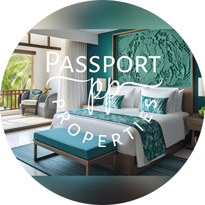 Turquoise resort bedroom with balcony view