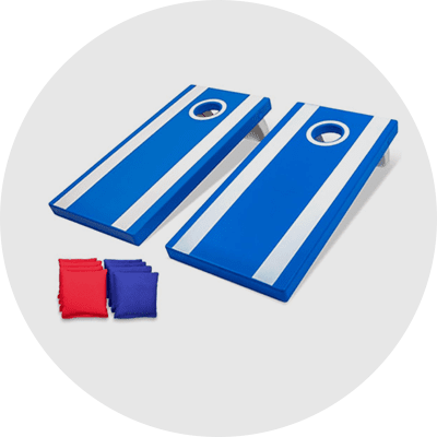 Blue cornhole boards with red and blue bags