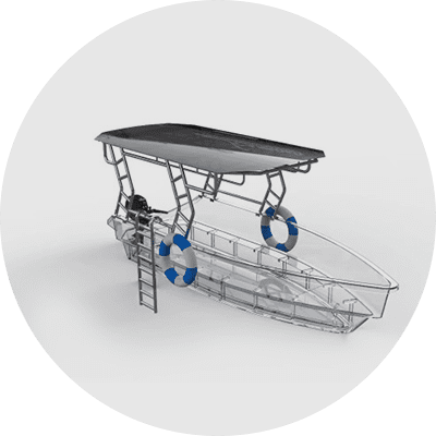 3D wireframe motorboat with canopy and lifebuoys