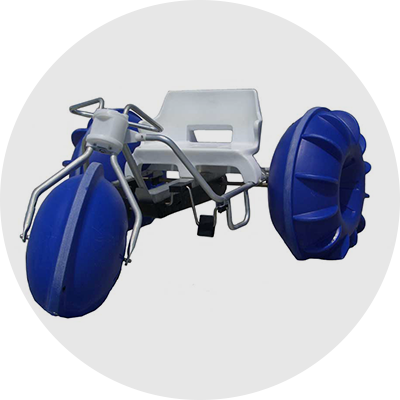 Beach wheelchair with blue balloon-style wheels